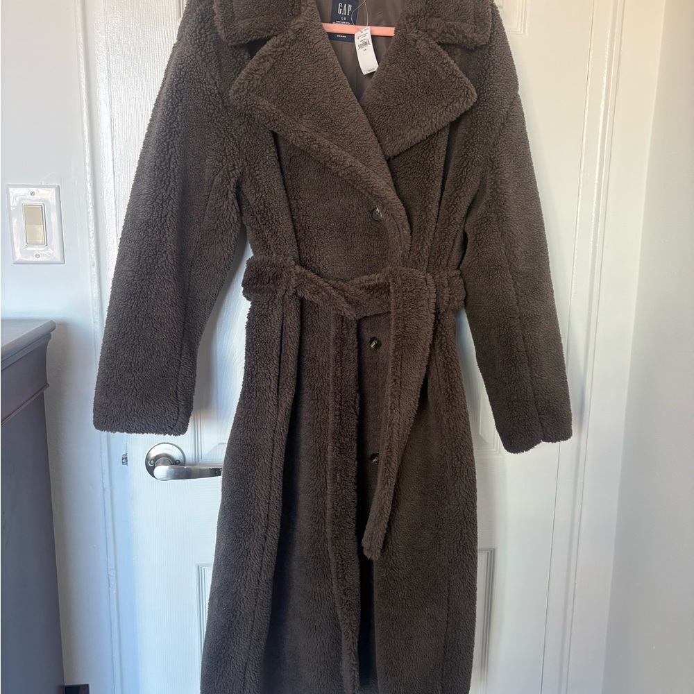 GAP Women's Chocolate Brown Faux-Shearling Belted Teddy Coat